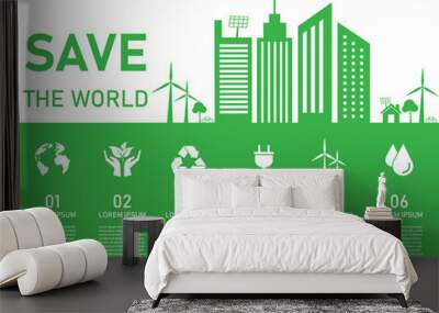 Save the world eco tree concept. green city on white background. Ecology infographic 6 element. vector illustration flat design. World environment and sustainable development.Used for workflow layout. Wall mural