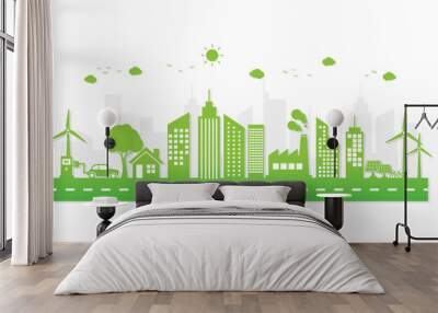 sustainable energy development banner template. vector illustration modern in flat design. green ecology cityscape on white background. Clean energy concept. help the world with eco-friendly . Wall mural