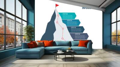 timeline mountain infographics business. 5 steps to success. vector illustration flat design. mountain with red flag and with route to the top.Can be used for workflow layout, processes, presentation. Wall mural