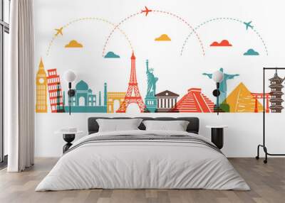 Travel by plane around the world concept. Colorful icons tourism and landmarks. isolated on white background. vector illustration in flat style modern design. Wall mural