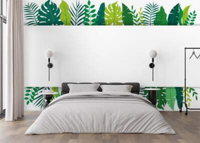 tropical floral leaf and frame on white banner background. Fresh rainforest tropical plants frame background. monstera and palm tree copy space center. vector illustration flat design. Wall mural