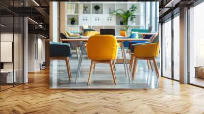 work space with urban chair and laptop on wooden table Wall mural