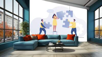 Business People Holding the big jigsaw puzzle piece. Teamwork, business cooperation concept. Wall mural