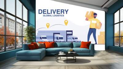 Courier with parcel on background of courier service, van, truck, container trainer. Wall mural