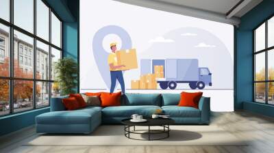 Courier with the parcel on the background of the delivery service van. Wall mural