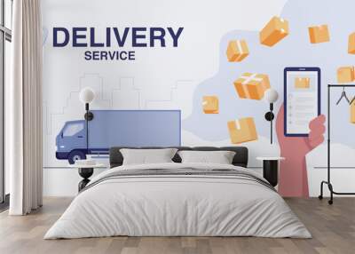 Delivery truck concept. Fast delivery service app on smartphone. Wall mural