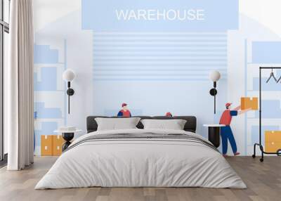 Employees working at warehouse. Vector illustration Wall mural