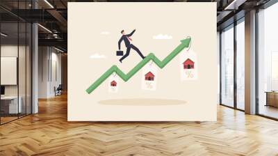 Housing price rising up businessman running on rising green graph on house price tag or house roof. real estate or property growth concept. Wall mural