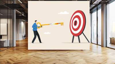 Key to success. Unlock important goals. Results of business strategy.  Career paths and challenges. Businessman aiming key to  archery target. Wall mural