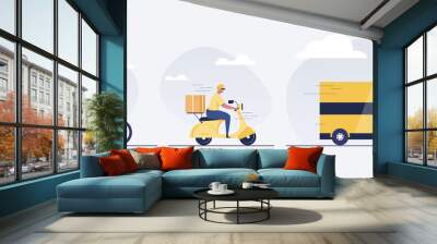 Online delivery service concept. Delivery man, truck, scooter and bike. Delivery man. Vector illustration. Wall mural