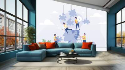 Teamwork connects jigsaw puzzles for brainstorming. vector illustration. Wall mural