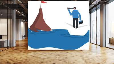 The Way Forward. Look for a way to survive the business. chance of life or job duties. Businessman rowing a boat looking for a flag. Wall mural