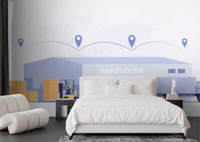 Warehouse industry with storage buildings, forklift, truck and rack with boxes. Warehouse Management, Logistic Management.  illustration Wall mural