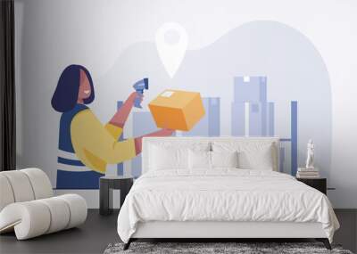 Warehouse worker scanning barcode on boxes. Check the number of products. vector illustration Wall mural