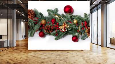 Christmas fir and decorations on white Wall mural