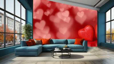 Red hearts on bokeh background Wall mural