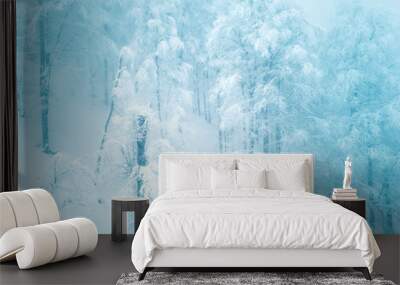 Winter mountain forest in frost Wall mural