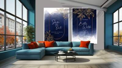 Dark blue wedding inviitation watercolor with outline gold floral Wall mural