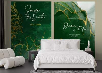 Luxury emerald green wedding invitation with  abstract gold sparkle Wall mural