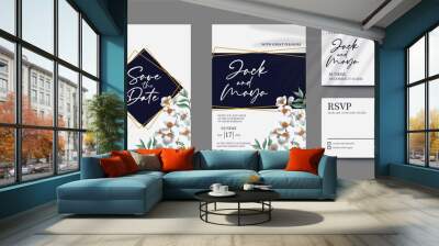 White and Blue wedding invitation watercolor template Wall mural