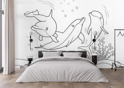 dolphins on the sea, line illustration for coloring books Wall mural