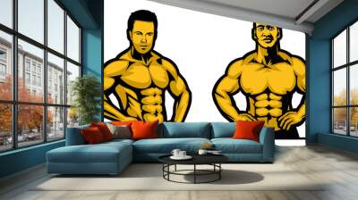 bodybuilder with pose, gym logo, muscle fitness, workout, flat illustration vector Wall mural