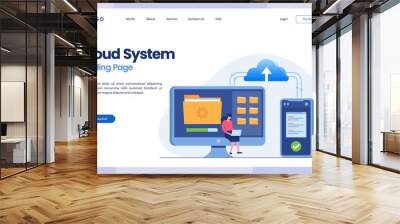 Cloud system concept, data center, data storage, cloud storage, computing technology flat illustration vector banner Wall mural