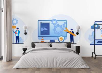 system maintenance, update program and application, technology, engineer, error, fixing a trouble, device updating, flat illustration vector Wall mural