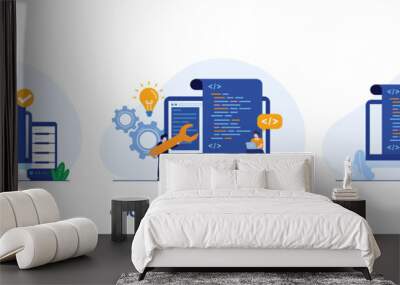 Web development. programming languages. css, html, it, ui. programmer cartoon character developing website, coding. flat illustration banner Wall mural