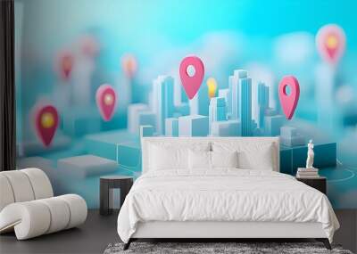 3D Cityscape with Floating Location Markers and GPS Pins Symbolizing Navigation Services Wall mural