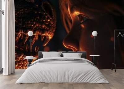 Close-up of a girl, wizard, and dragon in a dark 3D environment, with flames Wall mural