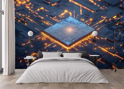 Cutting-Edge 3D Detailed Microchip with Glowing Lines Representing Advanced Technology Wall mural