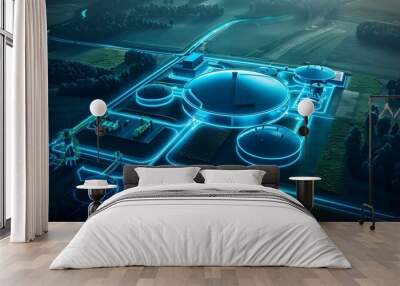 Futuristic Biogas Plant with Digital Holographic Monitoring in Rural Landscape Wall mural