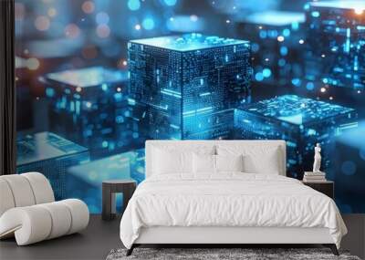 Futuristic Data Degradation:Glowing 3D Cubes in Electric Blue Surreal Digital Landscape Wall mural