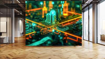 Innovation at the crossroads of steam punk and green energy a minimalist neon city awaits Wall mural