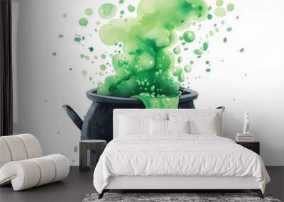 Magical Bubbling Witch's Cauldron with Green Potion in Watercolor Wall mural