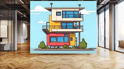 Modular Cartoon Tetradic House with Adaptable Side View - Contemporary Flat Design Architecture Wall mural