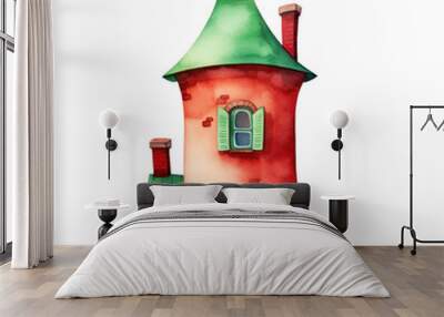 Watercolor illustration of red cute quirky house isolated on background, PNG transparent background Wall mural