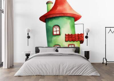 Watercolor illustration of red cute quirky house isolated on background, PNG transparent background Wall mural