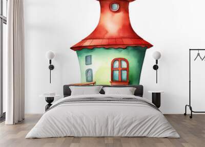 Watercolor illustration of red cute quirky house isolated on background, PNG transparent background Wall mural