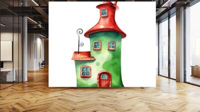 Watercolor illustration of red cute quirky house isolated on background, PNG transparent background Wall mural