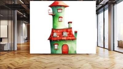 Watercolor illustration of red cute quirky house isolated on background, PNG transparent background Wall mural