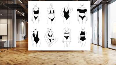 Abstract fashion female characters. Set of minimalist line women bodies, trendy hand drawn tattoo art of model girls. Vector illustration Wall mural