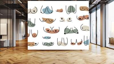 Abstract female breast signs. Feminist women boobs minimalist style, cartoon body with organic shapes, minimal fine line tattoo. Vector set Wall mural