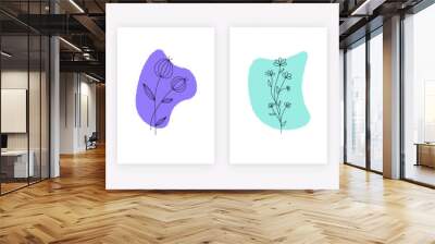 Abstract flower sprig posters. Set of hand drawn floral branches, wall art isolated on white background, minimalistic banners. Creative vector illustration Wall mural