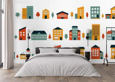 abstract house big set. flat colored city buildings, house exterior neighborhood icons. vector isola Wall mural