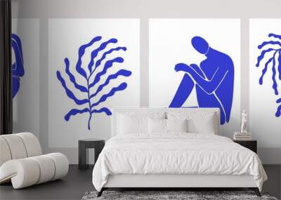 Abstract Matisse inspired art print set. Mid century contemporary posters female silhouettes and leaves. Vector backgrounds Wall mural