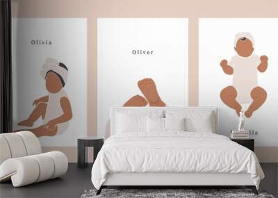 Abstract newborn posters. Minimal baby portraits and names for greeting card, wall decor, art print, contemporary vector set Wall mural