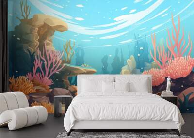 Cartoon underwater landscape. Under the sea world with coral reef, fish, seaweed, plants. Flat ocean background Wall mural