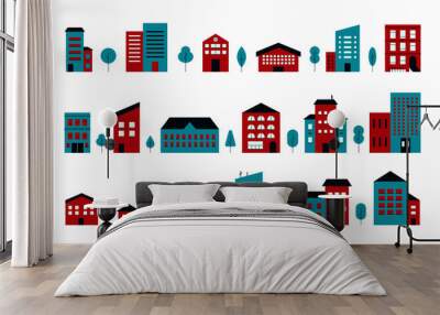 City buildings. Minimal house facade front view, townhouse apartment exterior. Vector cartoon set Wall mural